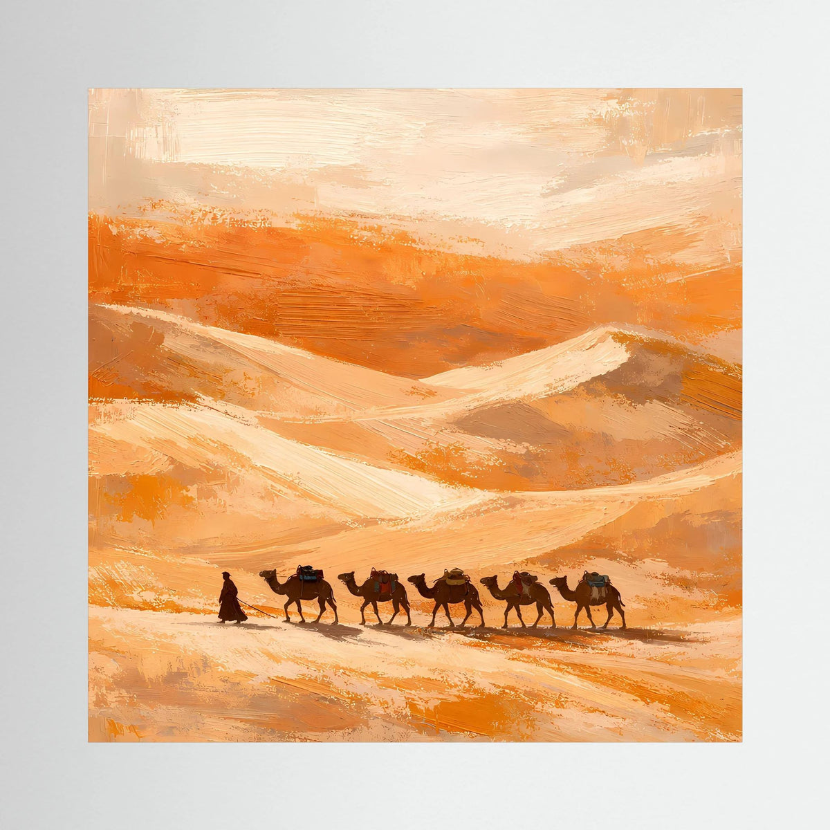 Leinwand-Wandbild mit hellem Holzrahmen: orange Wüstenlandschaft mit Karawane
