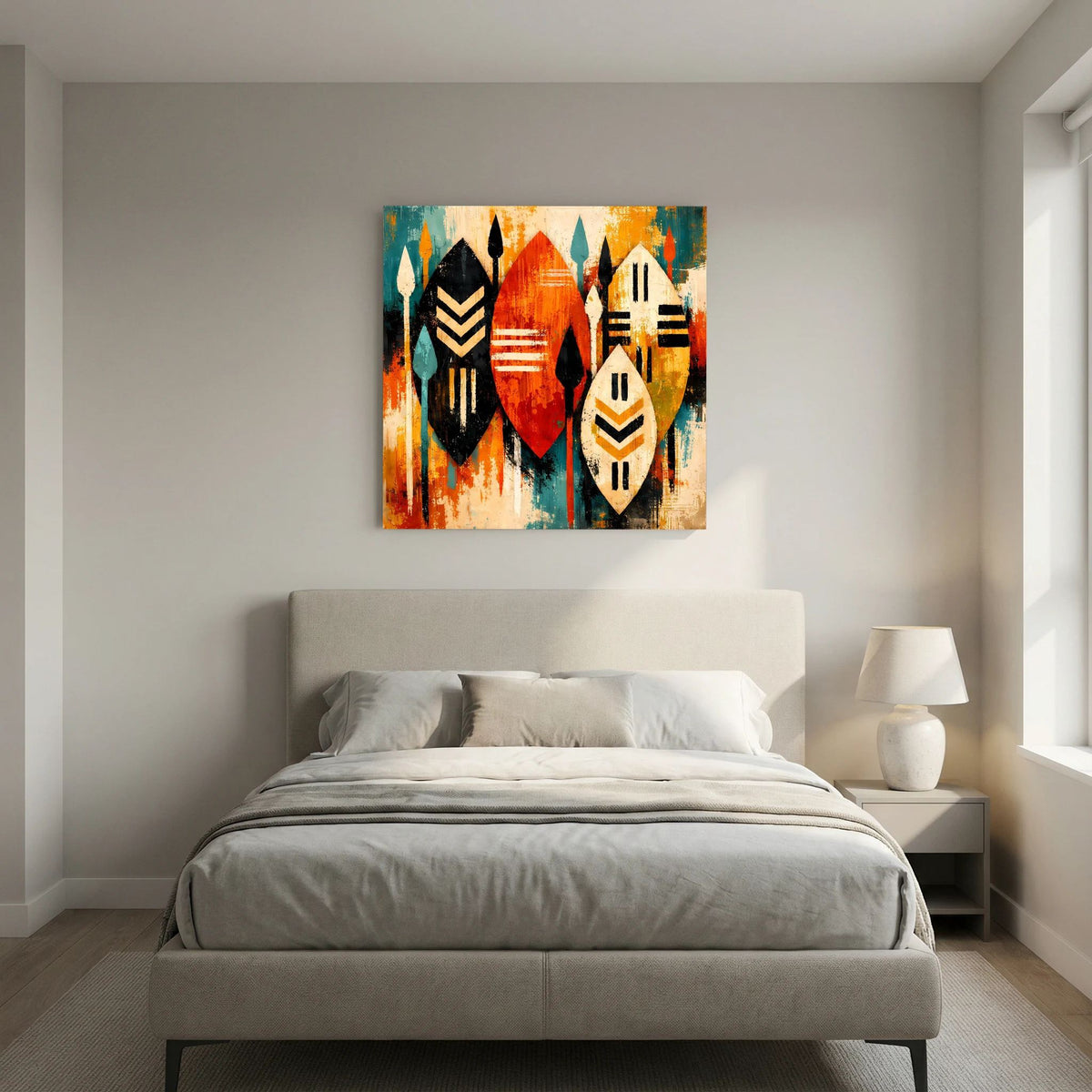 Leinwand-Wandbild im Schlafzimmer: abstrakte Schilde und Speere in Schwarz, Weiß und Orange