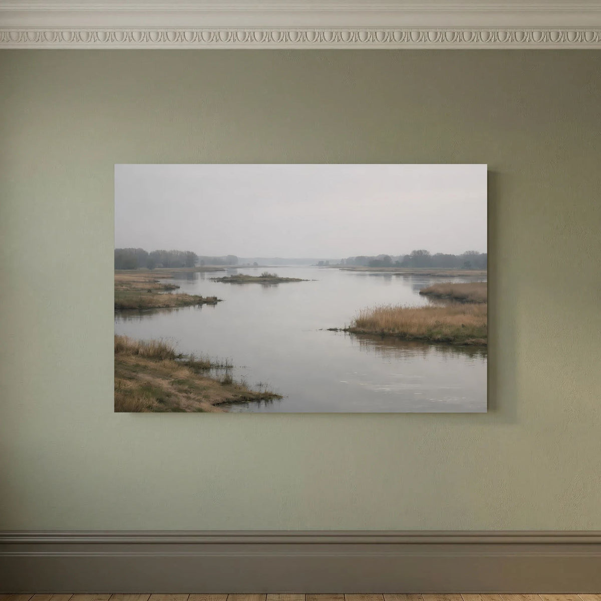 Wandbild-Poster mit Flusslandschaft im Morgennebel, im matten Weißrahmen, Querformat