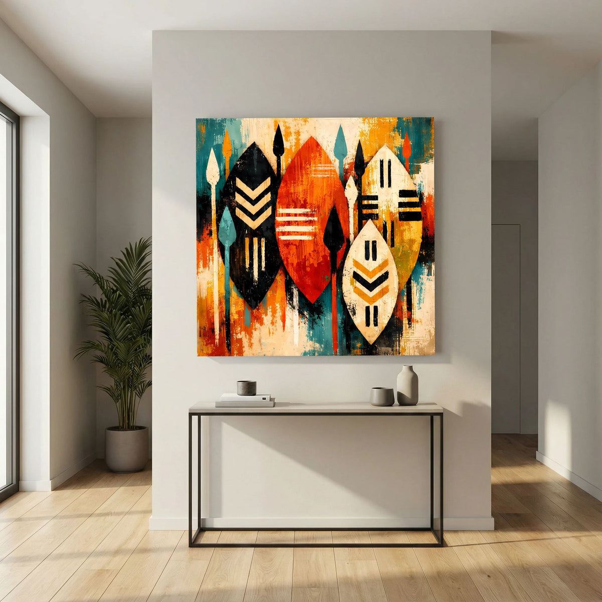 Abstraktes Wandbild mit drei Schilden, kräftige Orange- und Türkistöne mit schwarzen Details