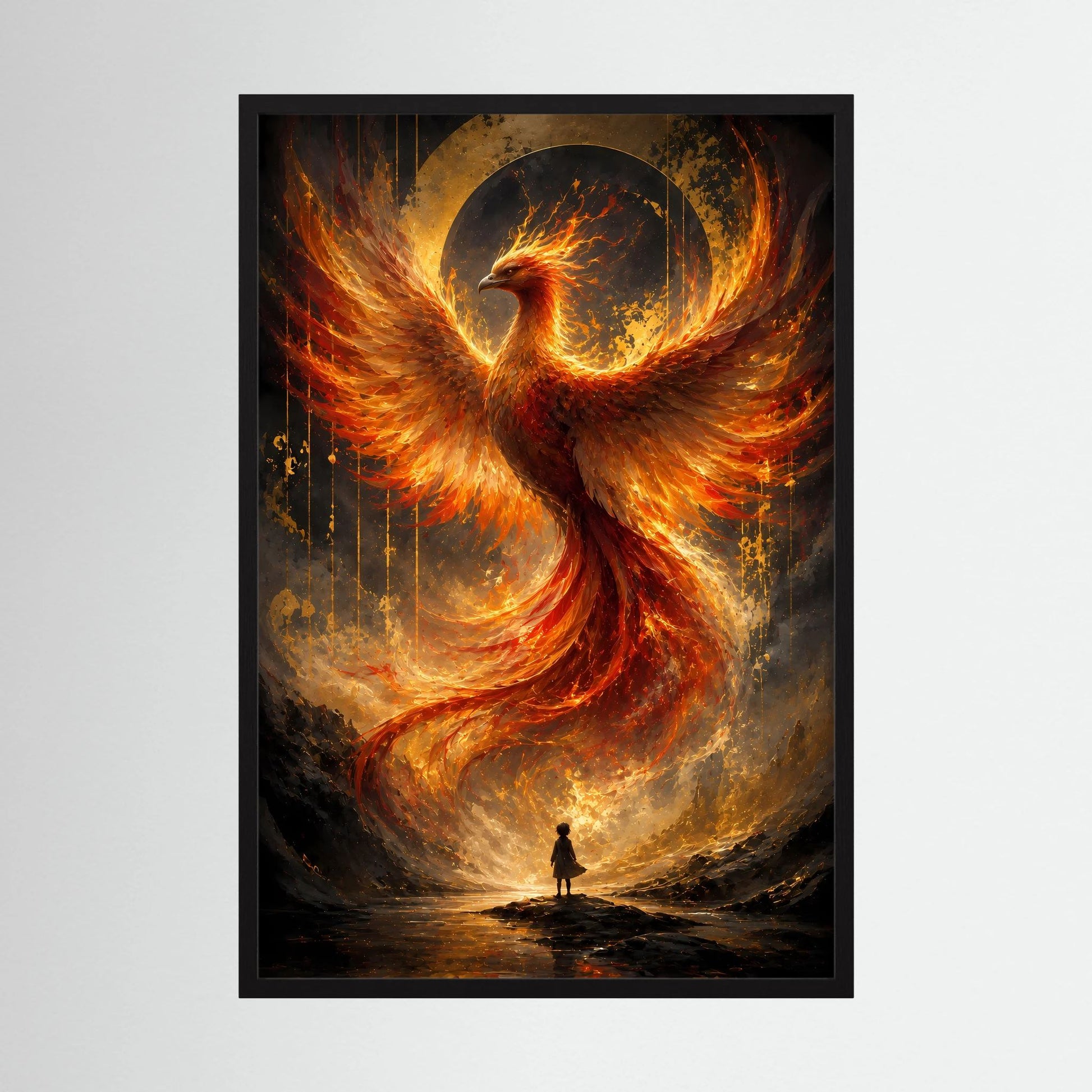 Hochformatiges Poster mit gold-orange Phönix aus Feuer, schwarzer Rahmen