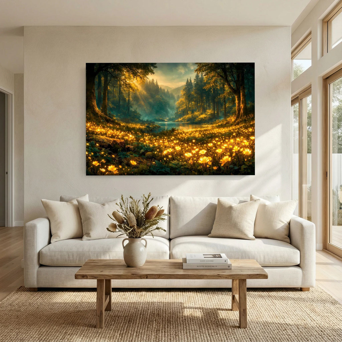 Querformat-Wandbild: Waldtal im Morgenlicht mit Fluss und leuchtenden Blumenlichtern