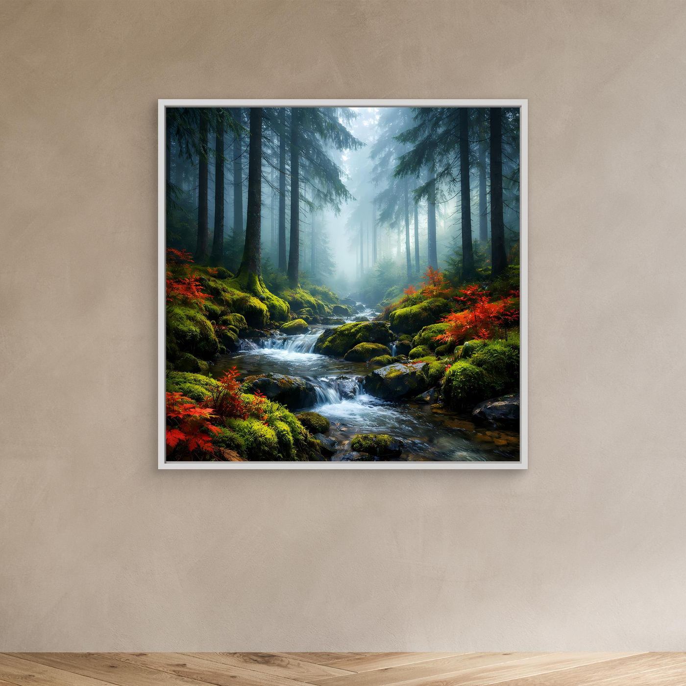Wandbild im weißen Rahmen: nebliger Wald mit Bachlauf und roten Blättern