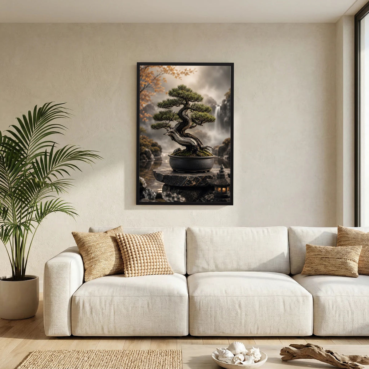 Bonsai-Baum-Poster mit schwarzem Rahmen, Bonsai in dunkler Schale auf Sockel