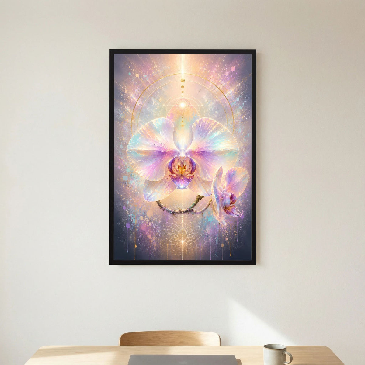 Orchideen-Pastellposter mit schwarzem Rahmen und farbintensiver Orchideenblüte, harmonische Pastelltöne
