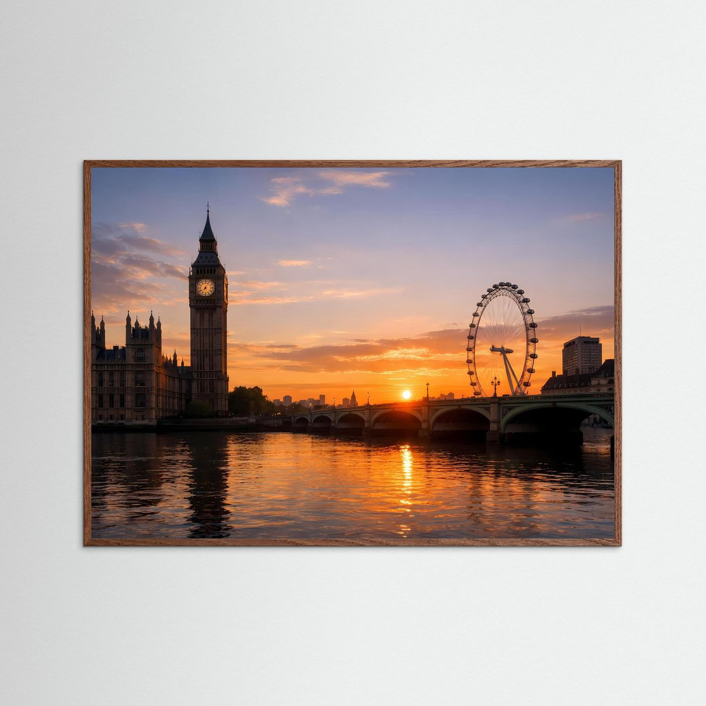 Panorama-Stadtposter mit Big Ben und London Eye bei Sonnenuntergang, brauner Rahmen