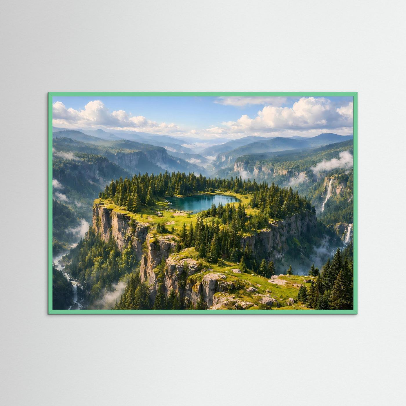 Bergsee-Poster mit Felsplateau im grünem Rahmen, Tannenwald und türkisfarbener See