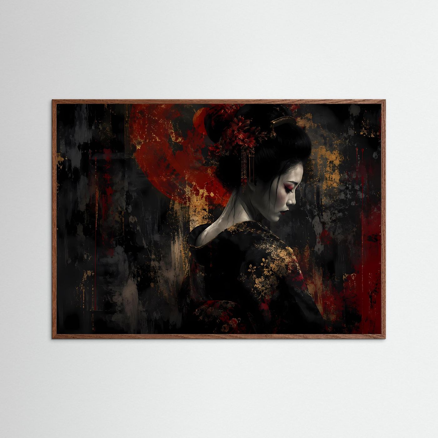 Japan-Kunstposter im dunkelbraunen Holzrahmen: Geisha-Porträt, schwarz-rot mit goldenen Akzenten