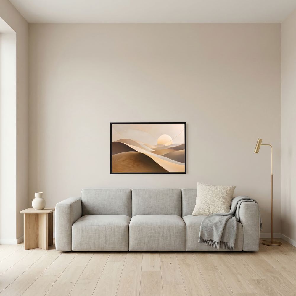 Wüstenlandschaft-Poster im Querformat, Sanddünen in Beige und Braun, schwarzer Rahmen