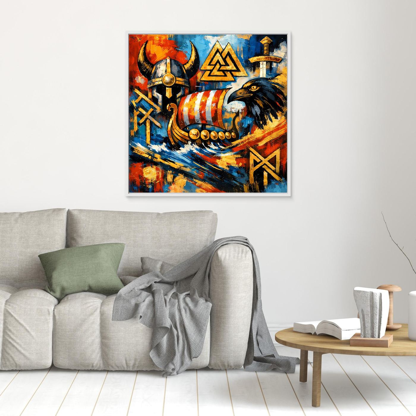 Leinwandbild mit Wikingerhelm und Rabenmotiv, kleinformat, weiß umrandet