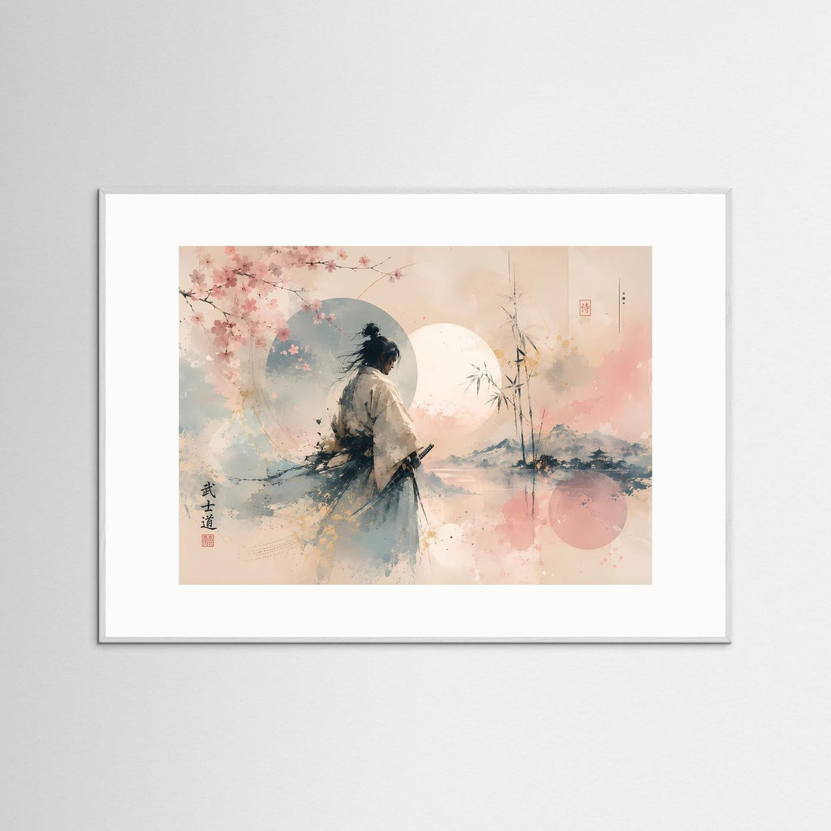 Samurai-Kunstdruck im weißen Rahmen, Silhouette unter Kirschblüten in Pastelltönen