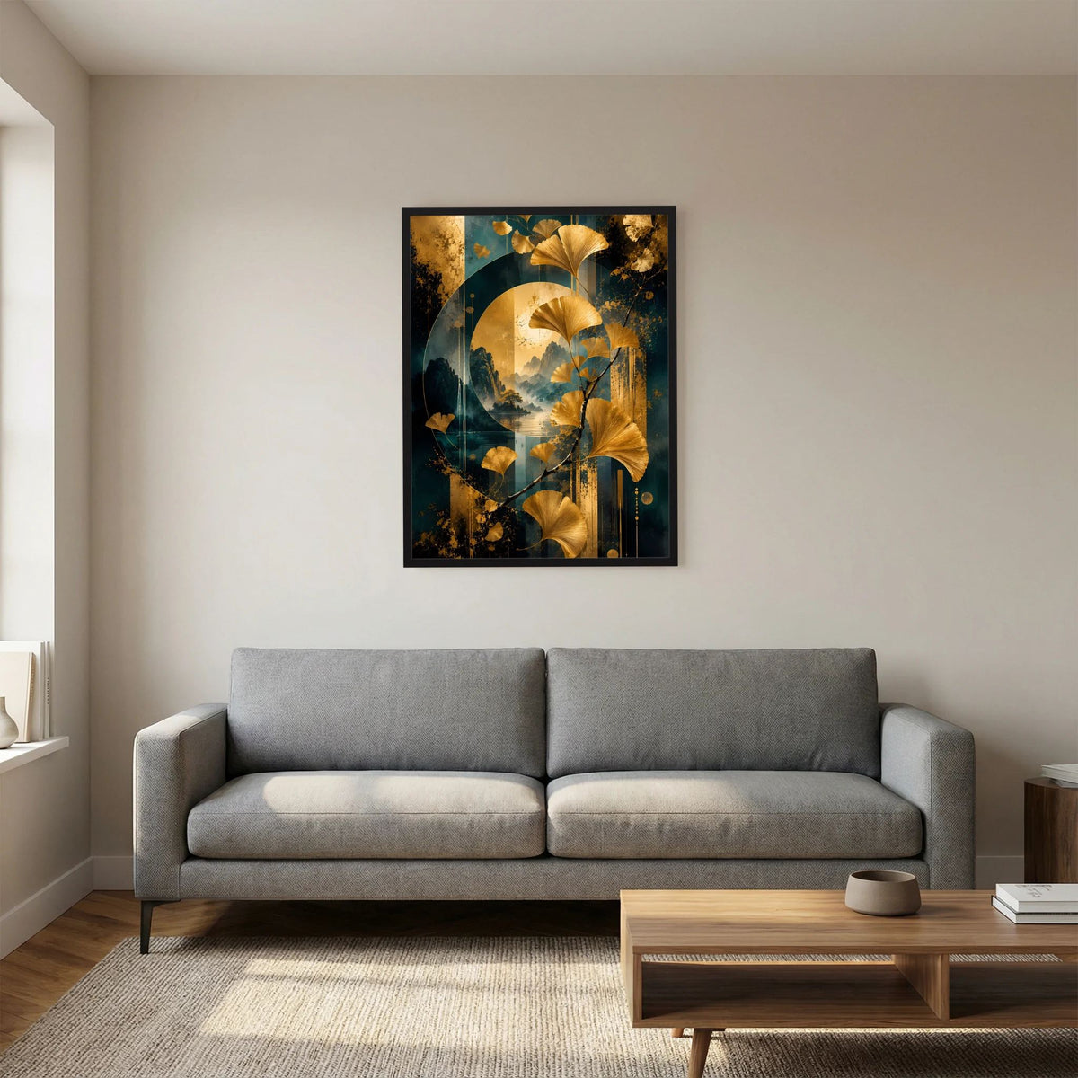 Hochformat-Poster mit goldenen Ginkgo-Blättern und petrolblauer Landschaft, schwarzer Rahmen