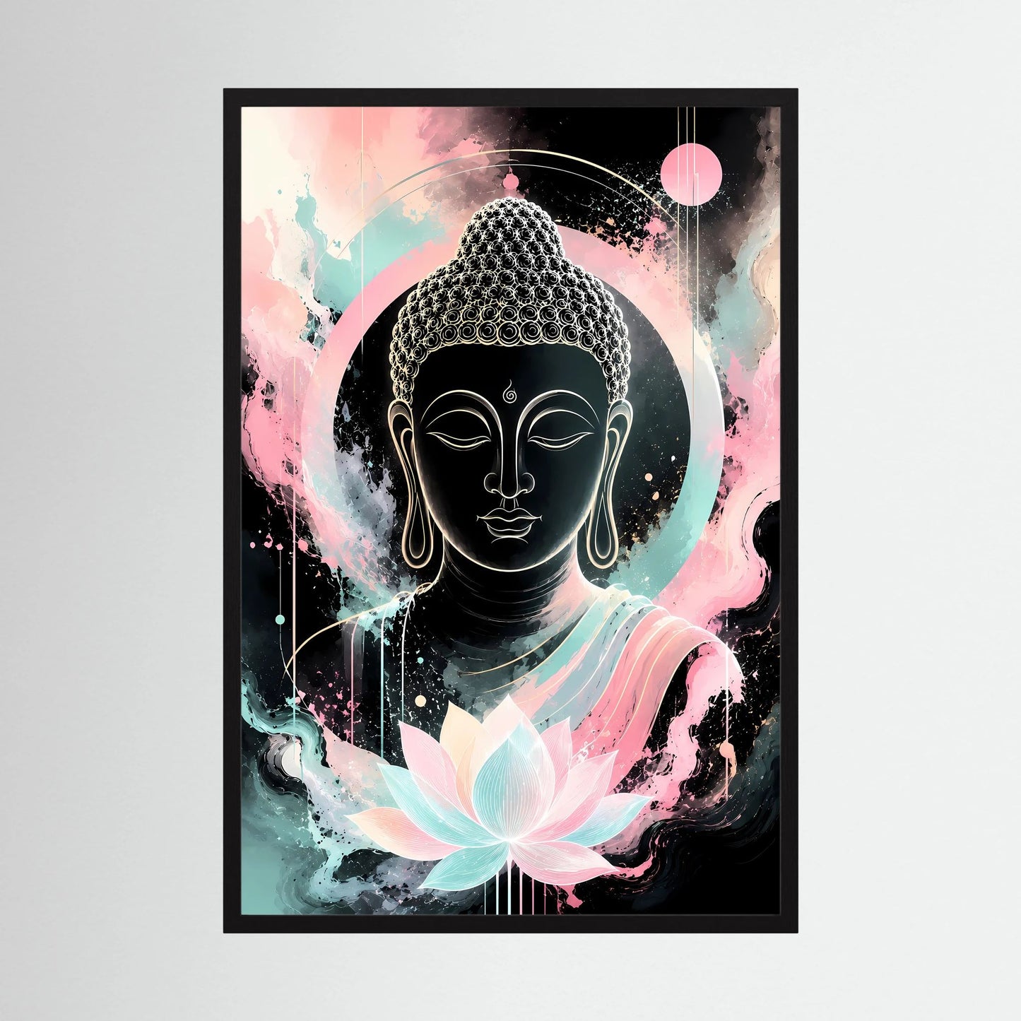 Buddha-Poster im Hochformat mit Lotusblüte und rosafarbenen Akzenten, schwarzer Rahmen