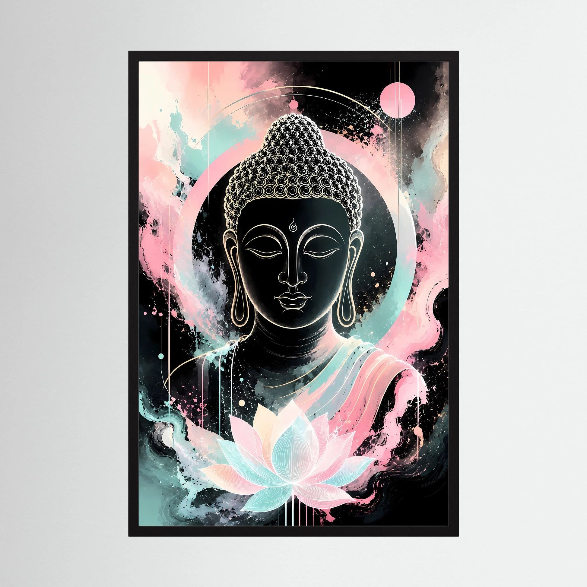 Buddha-Poster im Hochformat mit Lotusblüte und rosafarbenen Akzenten, schwarzer Rahmen