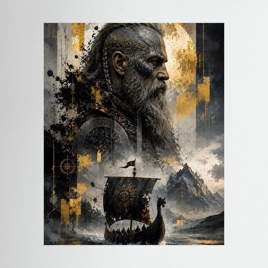 Kunstposter mit Wikingerkrieger im Profil, Wikingerschiff und gold-schwarzer Grafik