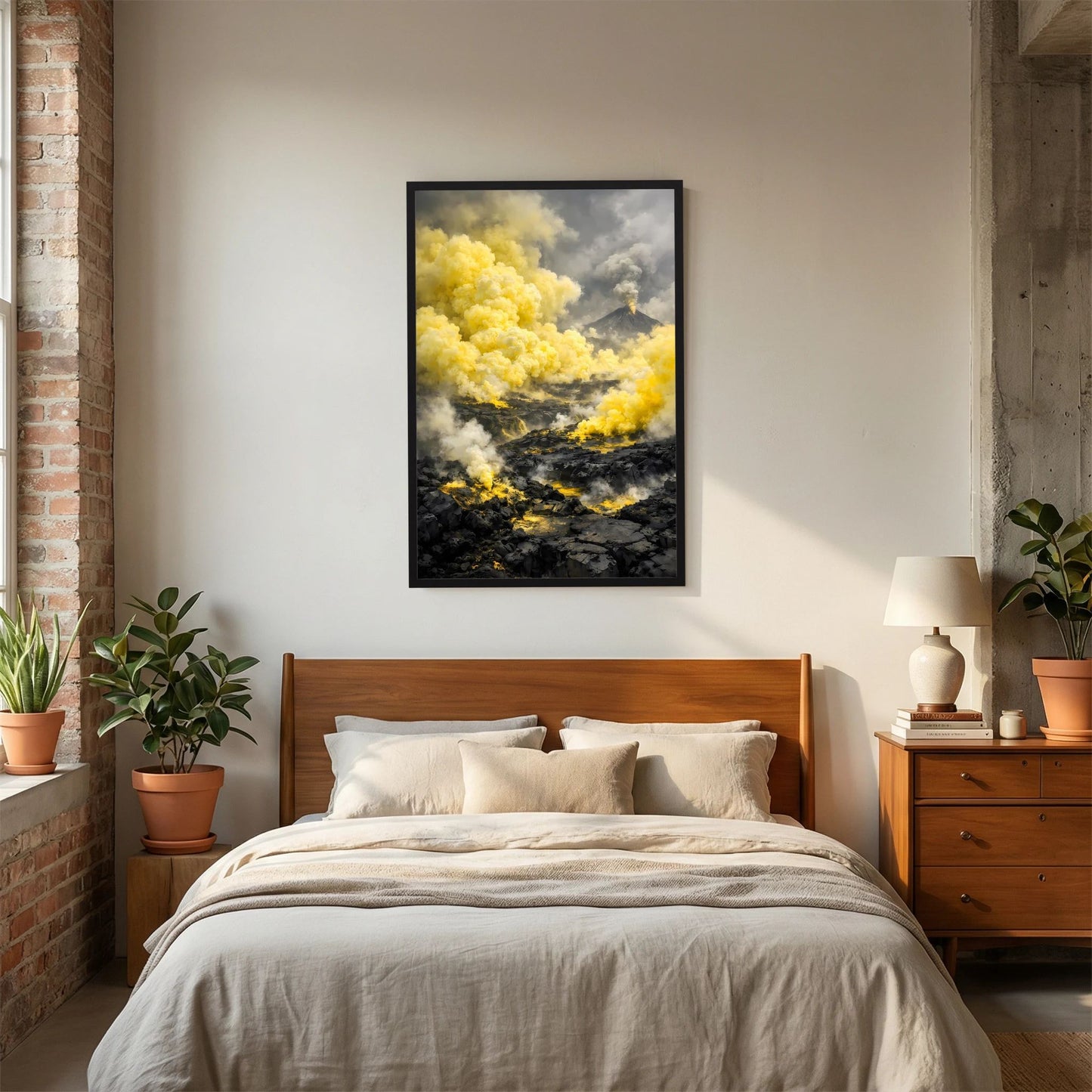 Die Kraft der Natur | Abstraktes Vulkan Poster in Gelb & Schwarz | Modernes Landschaftskunstposter Hochformat