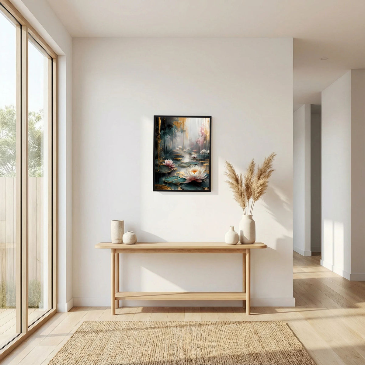 Hochformat-Poster mit Wasserlilien in Weiß und Rosa, schwarz gerahmt