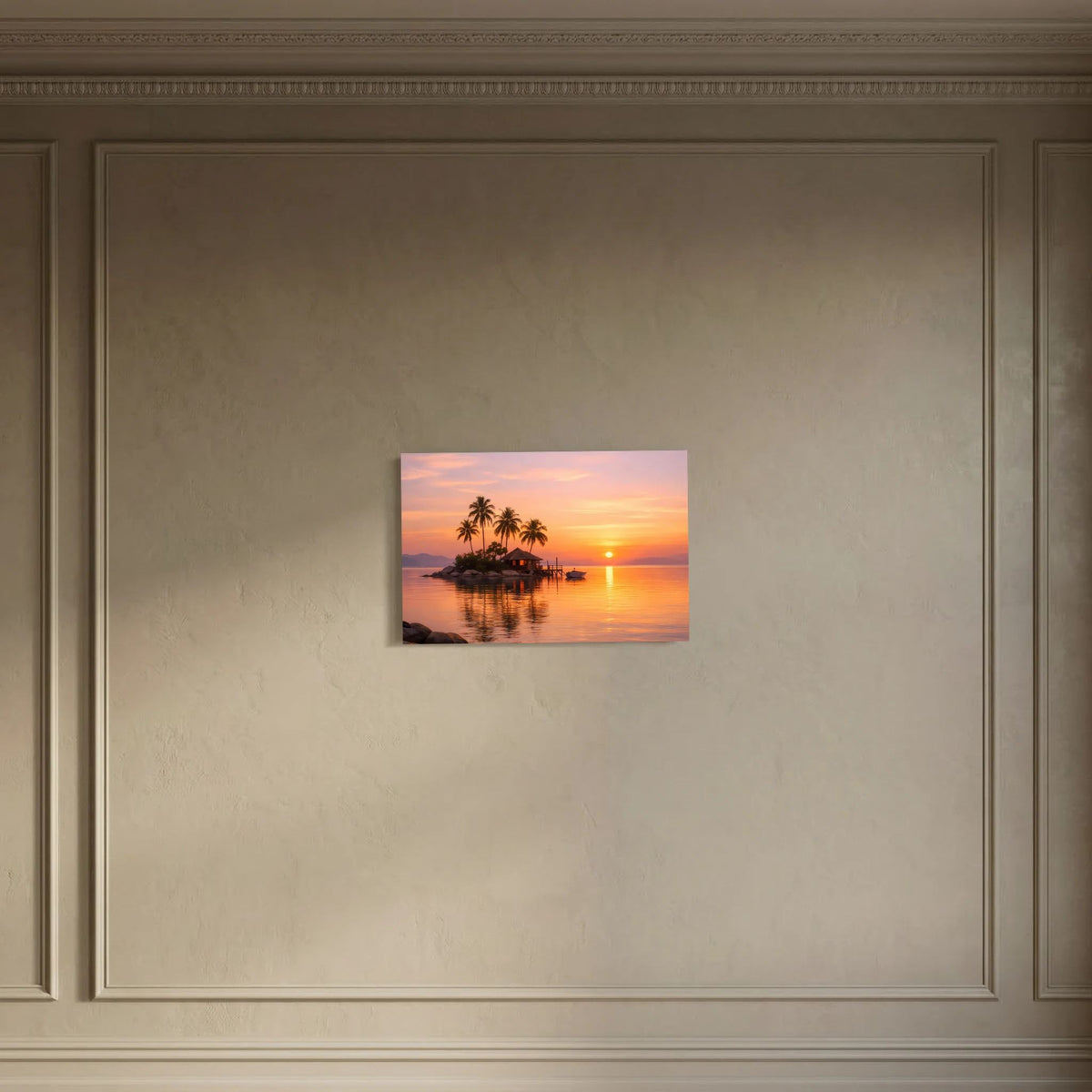 Wandbild im Querformat mit tropischer Insel, Palmen und untergehender Sonne