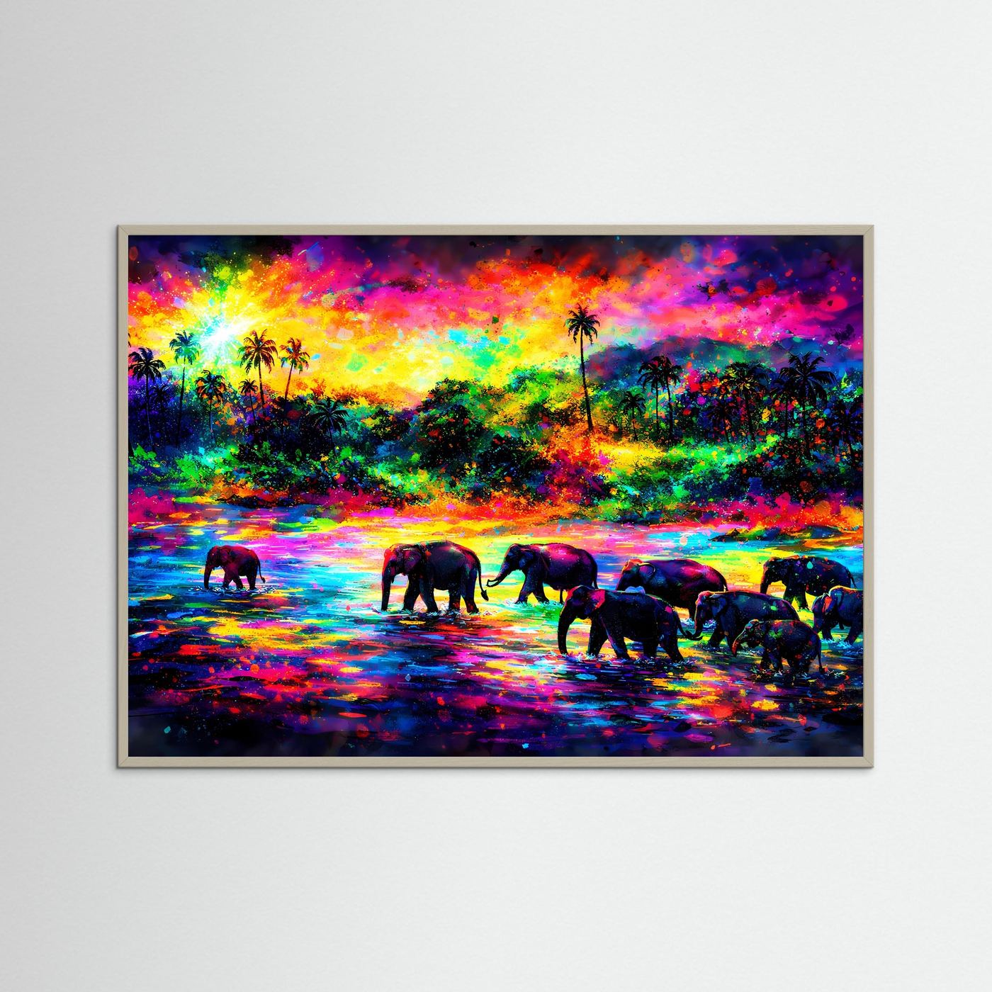 Kunstdruck im grauen Holzrahmen: Elefantenherde am Tropenfluss mit Neon-Himmel und Palmen