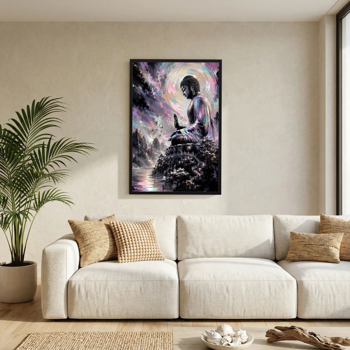 Kunstposter mit meditierendem Buddha in Pastellfarben, schwarzer Rahmen