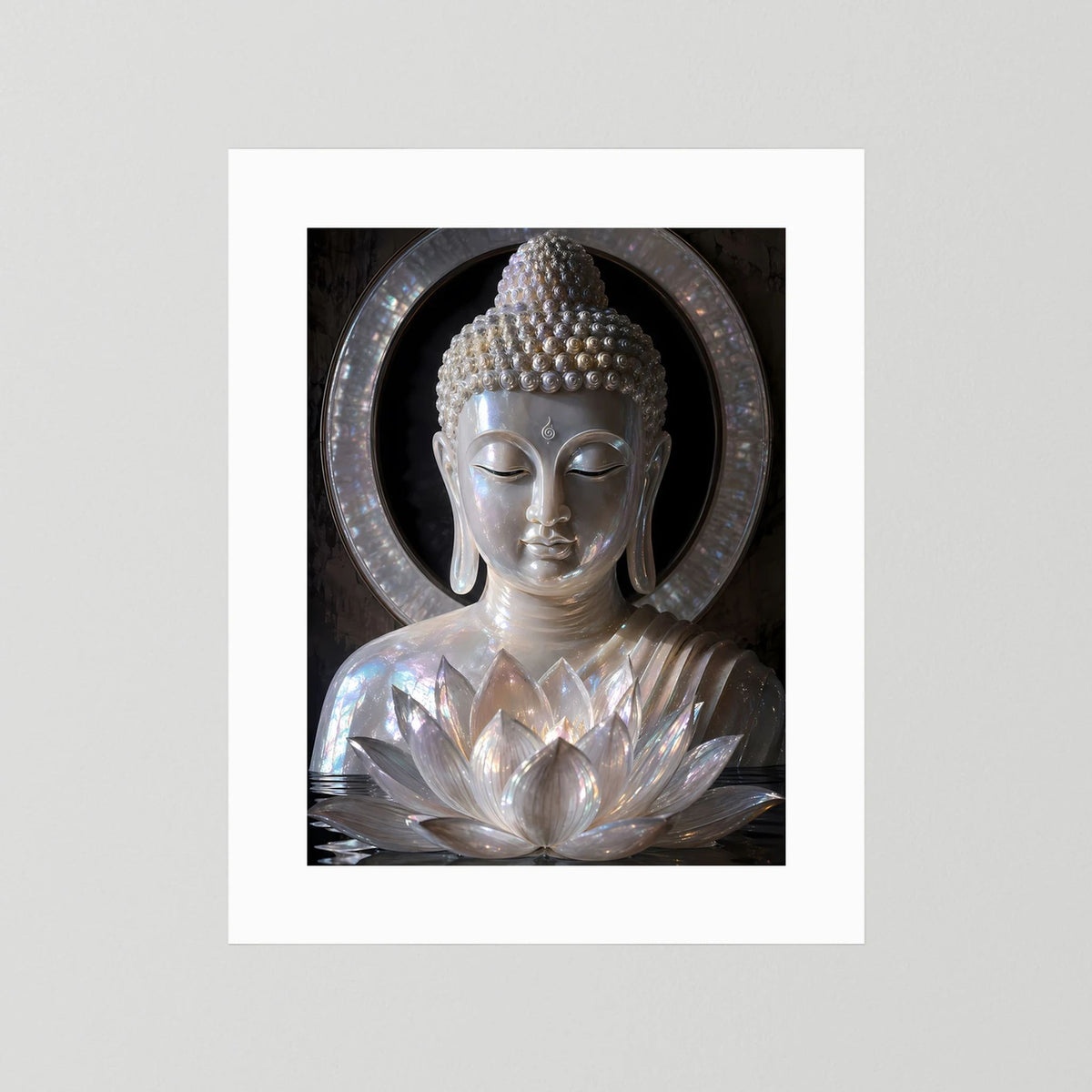 Poster im Hochformat: Buddha mit Lotusblüten im Kreis, silberfarbener Look, ohne Rahmen