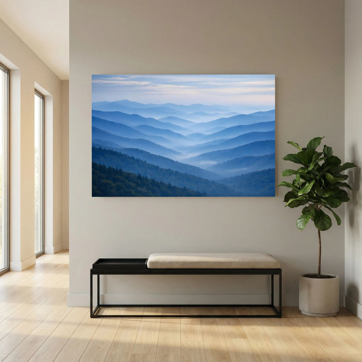 Wandbild im Querformat mit nebliger Landschaft und tiefen blauen Tälern
