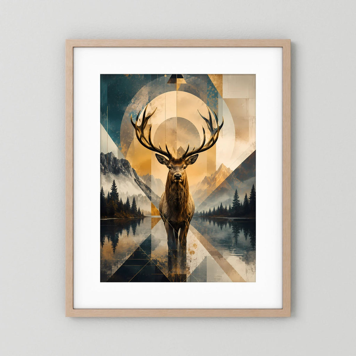 Poster im Hochformat mit Hirsch und geometrischer Berglandschaft, goldblau, heller Holzrahmen