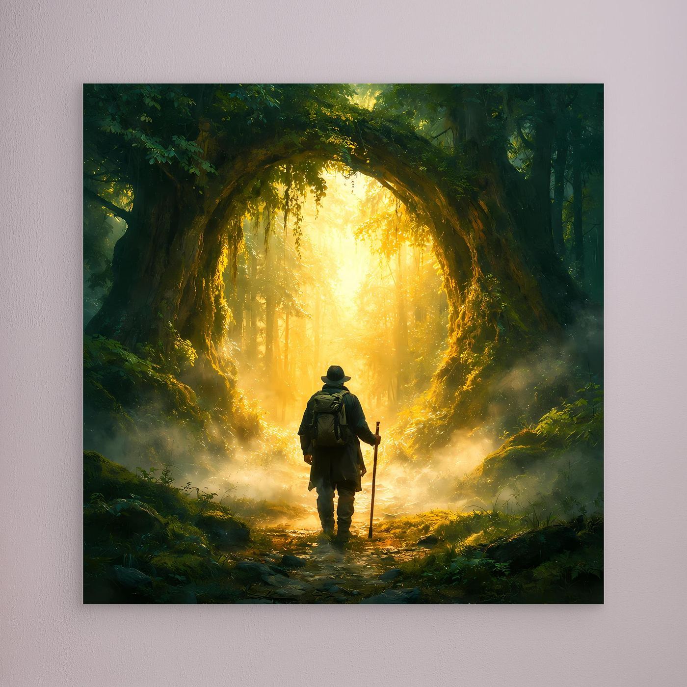 Leinwand Mystischer Wanderer am Waldportal | Abstraktes Natur Zauberwald Wandbild