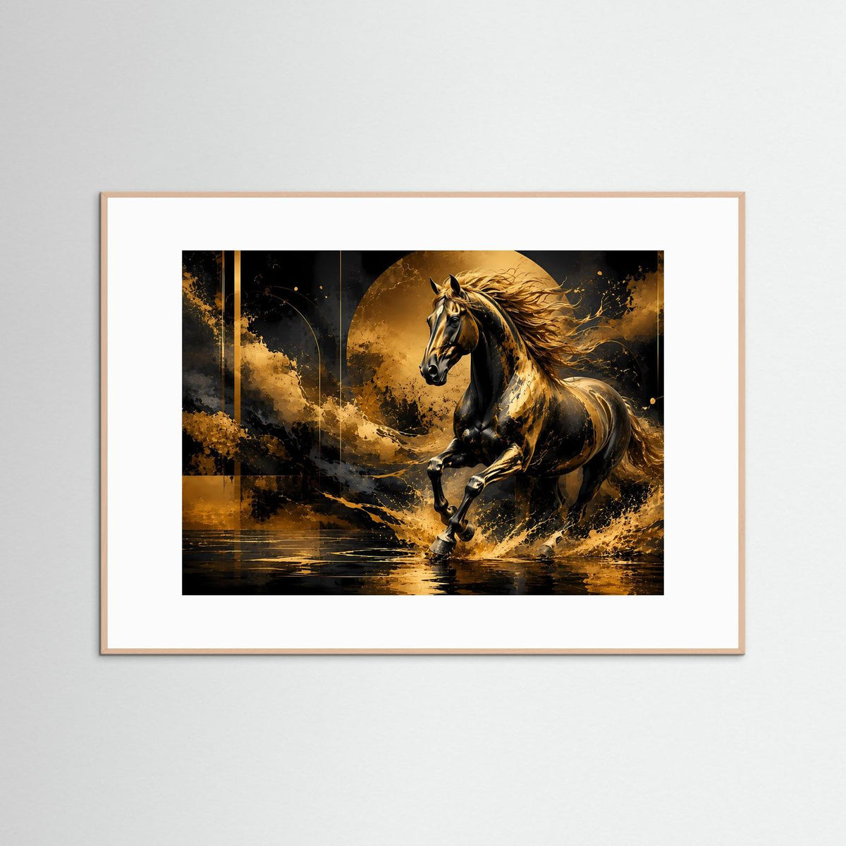 Poster im Querformat mit Pferdemotiv, goldbrauner Rahmen und gold-schwarzer Grafik