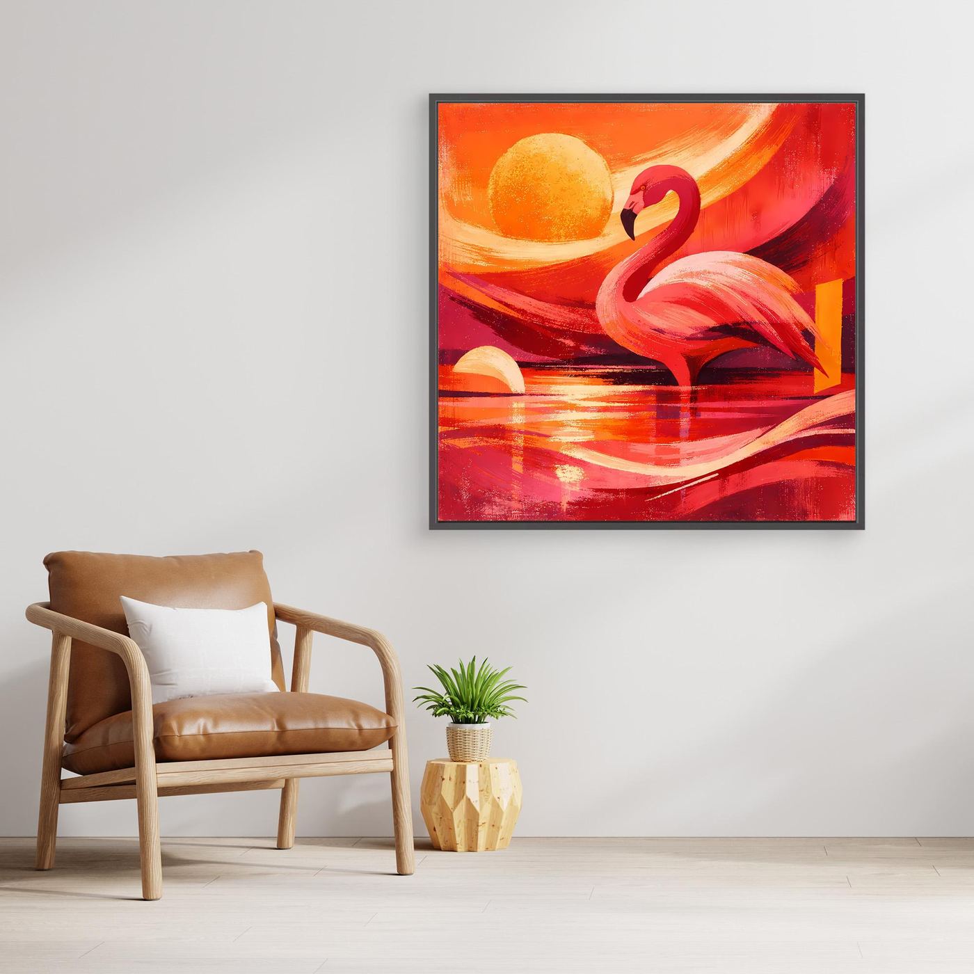 Leinwandbild: Flamingo in Pink vor orange-rotem Sonnenuntergang über glänzendem Wasser