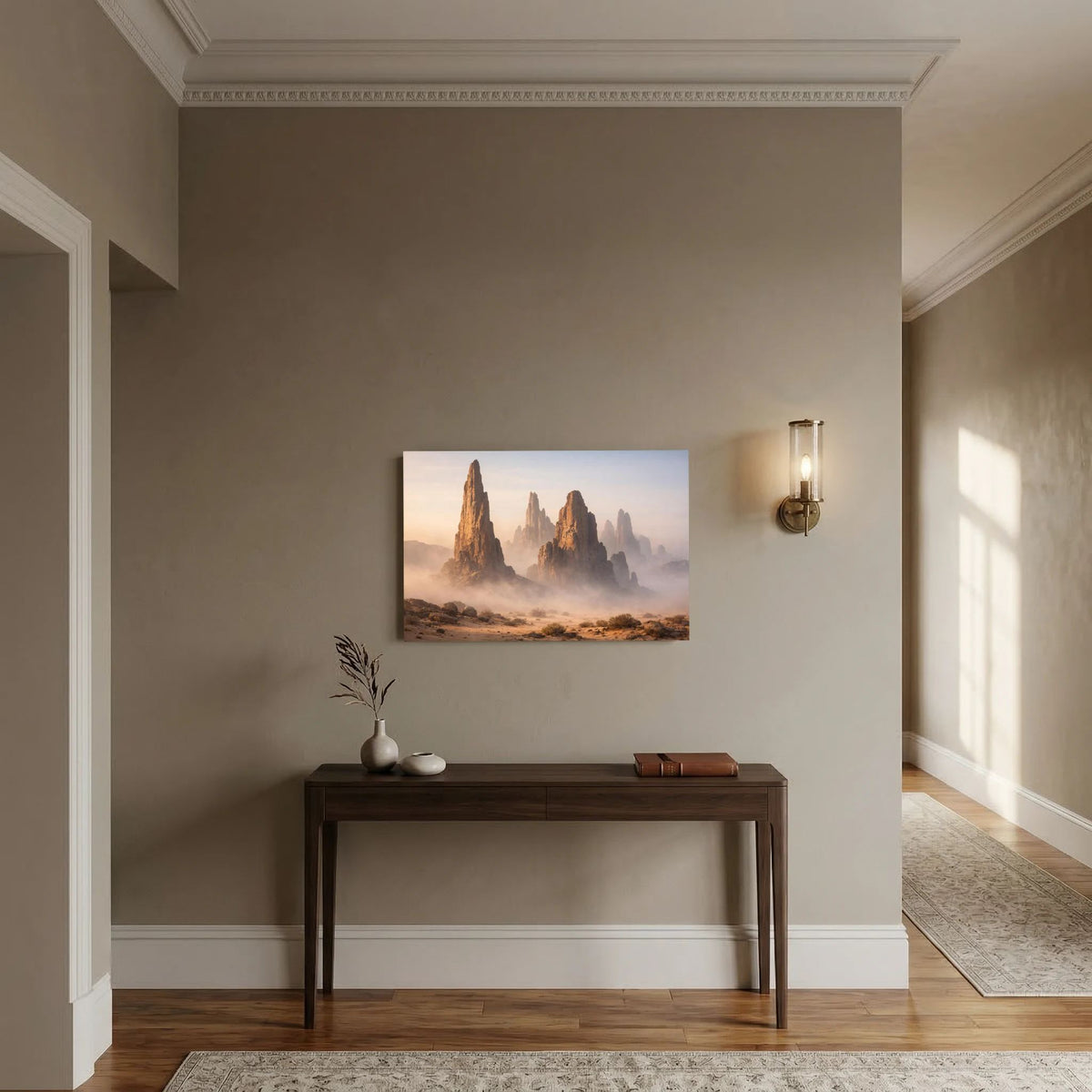 Wandbild-Poster im Querformat mit mystischen Felsformationen in Wüstennebel