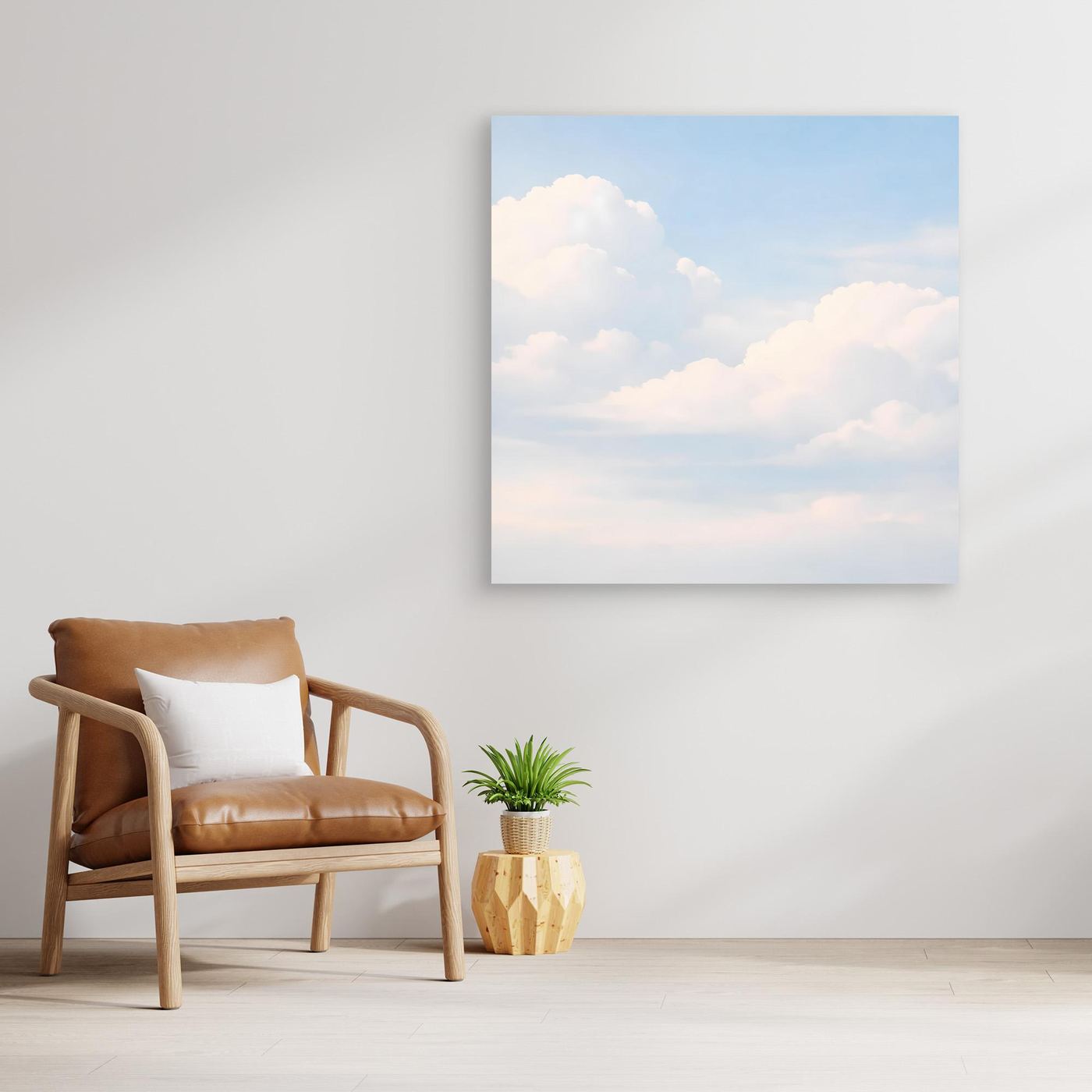 Leinwandbild mit pastellfarbenem Himmel und sanften Wolken, ohne sichtbaren Rahmen