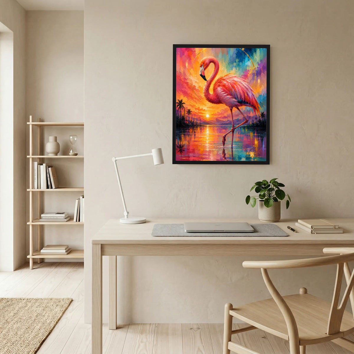Kunstposter mit Flamingo in Pink und Türkis, bunte Farbflächen, Sonne über Wasser
