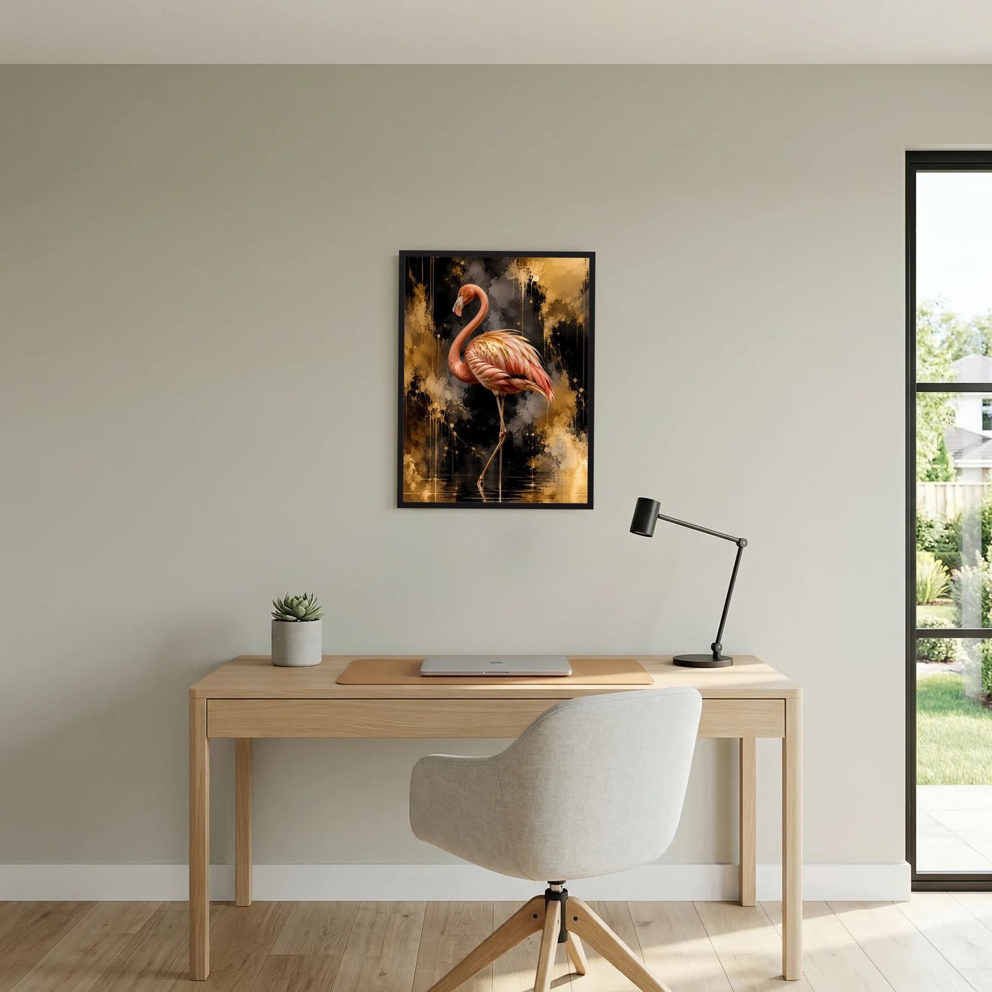 Hochformat-Poster mit rosafarbenem Flamingo und gold-schwarzem Farbauftrag