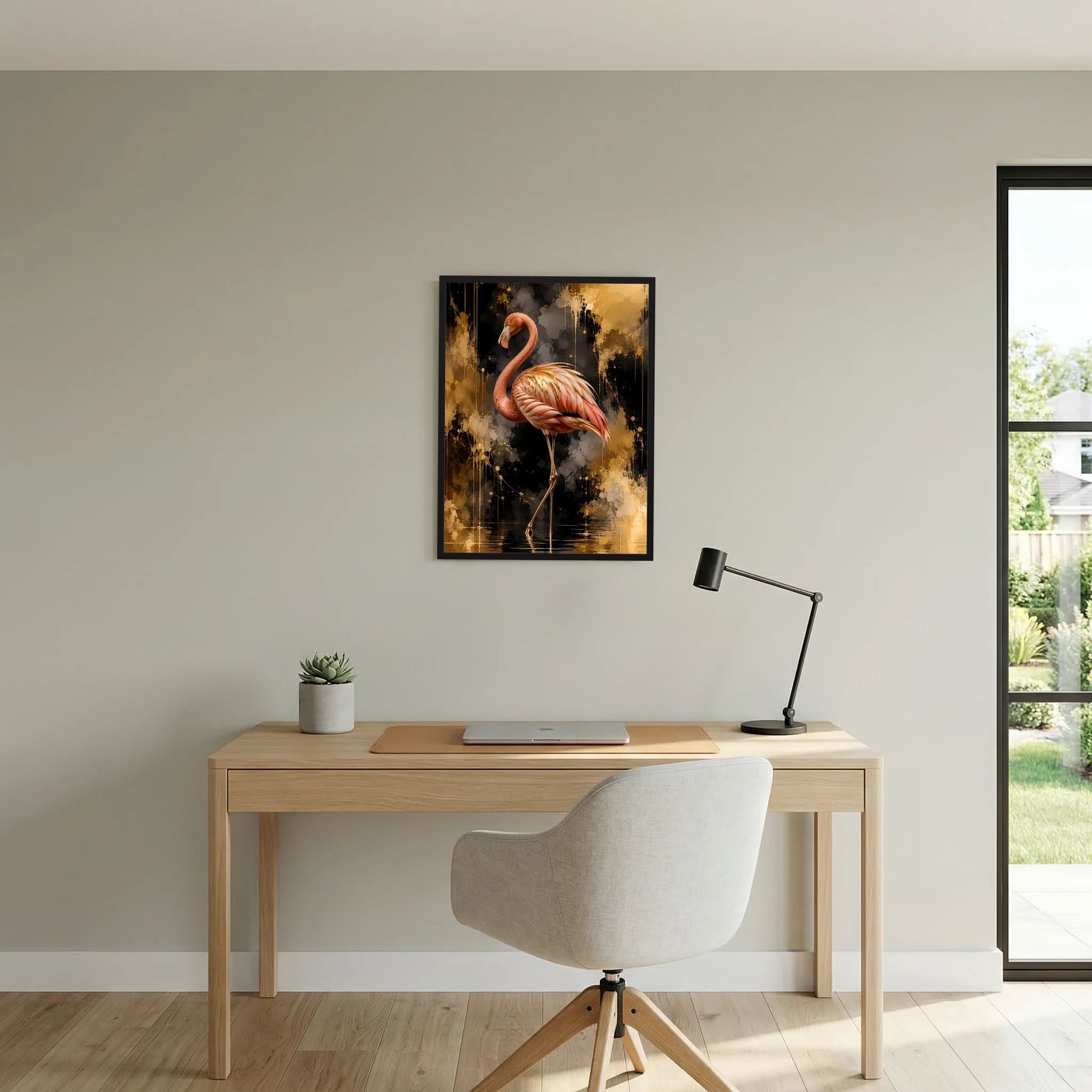 Hochformat-Poster mit rosafarbenem Flamingo und gold-schwarzem Farbauftrag