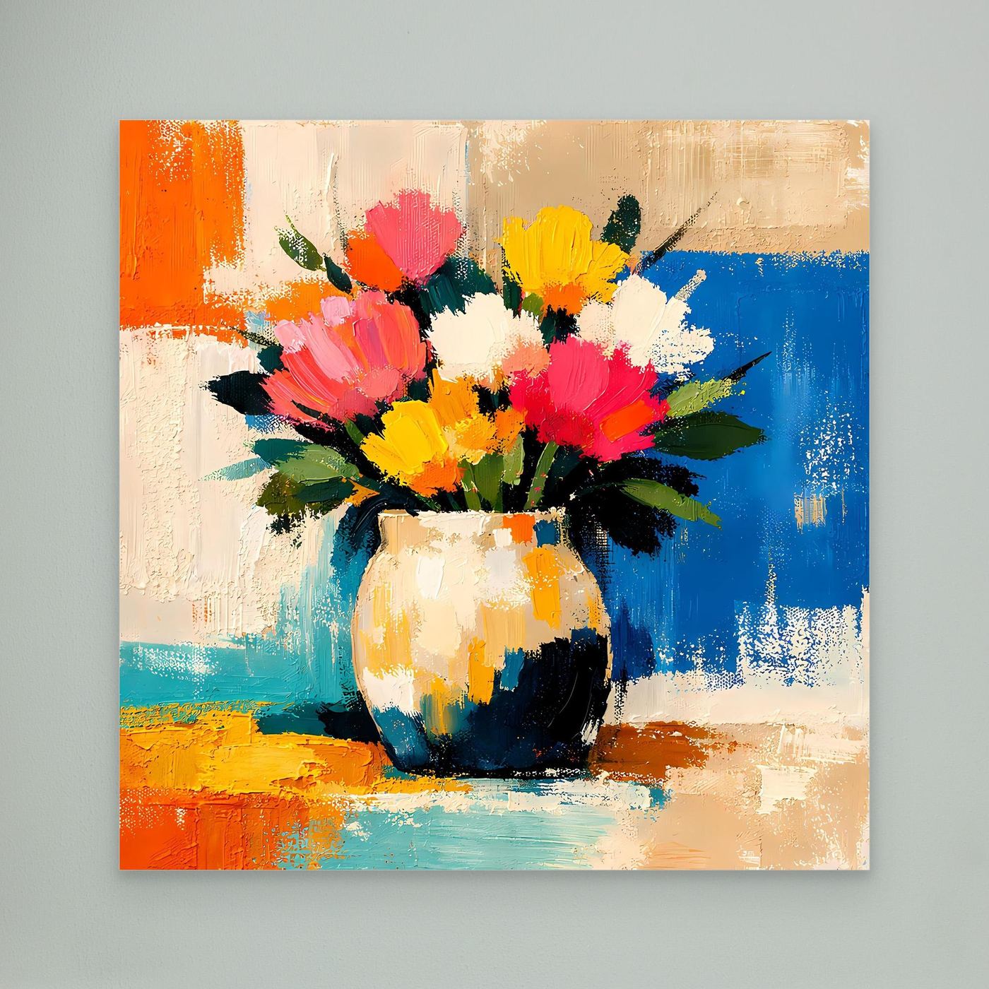 Unframed canvas wall art of a vibrant bouquet in a vase, multicolor abstract strokes