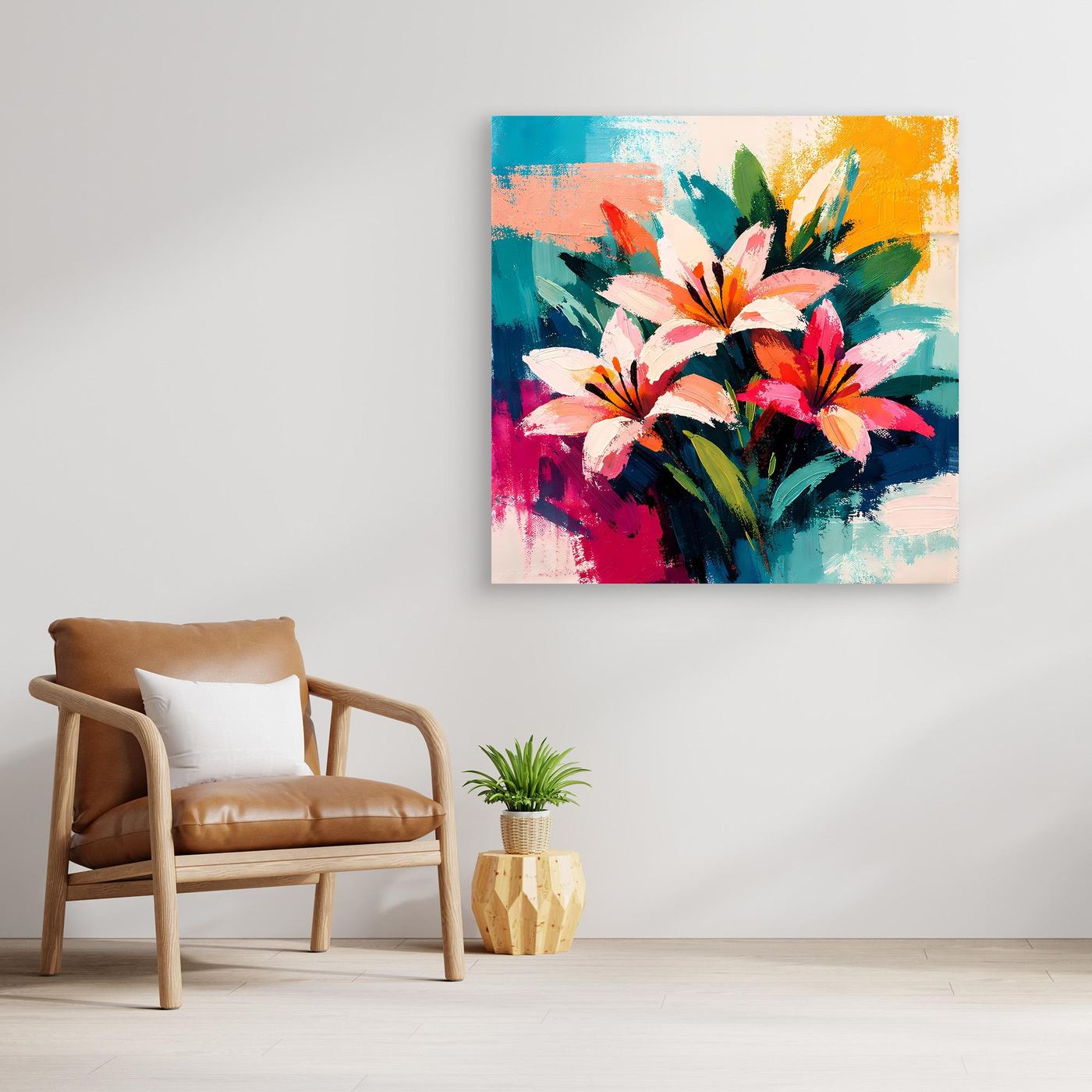 Abstract lily canvas wall art with colorful bouquet, no visible frame