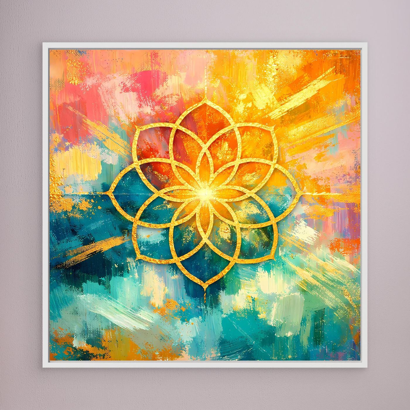 Leinwandbild Blume des Lebens: goldenes Mandala auf buntem Farbgrund, weiß gerahmt