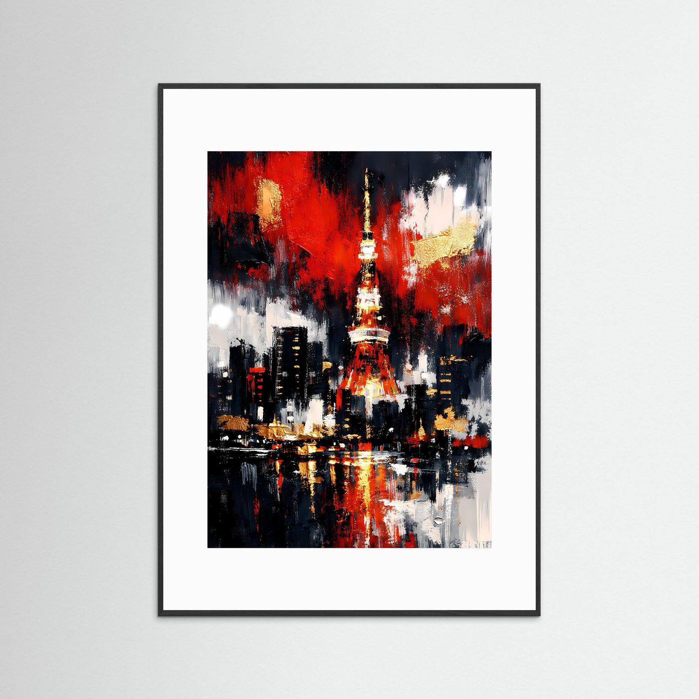 Abstraktes Skyline-Poster mit rotem und goldenem Turm, schwarzer Stadt und Spiegelung; schwarzer Rahmen