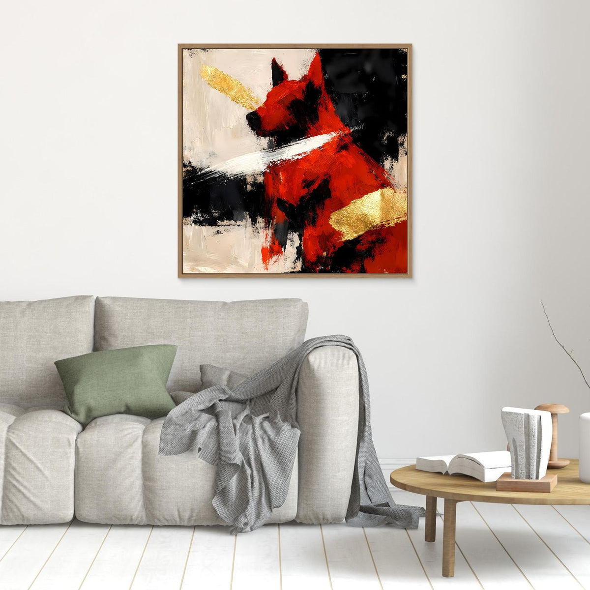 Abstraktes Hund-Wandbild in Rot und Gold mit schwarzen Akzenten im braunen Rahmen