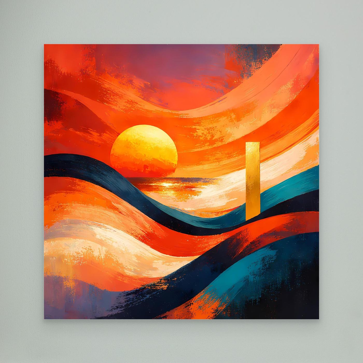 Leinwandbild ohne Rahmen: abstraktes Meer mit Sonne, Orange- und Blaustrichen