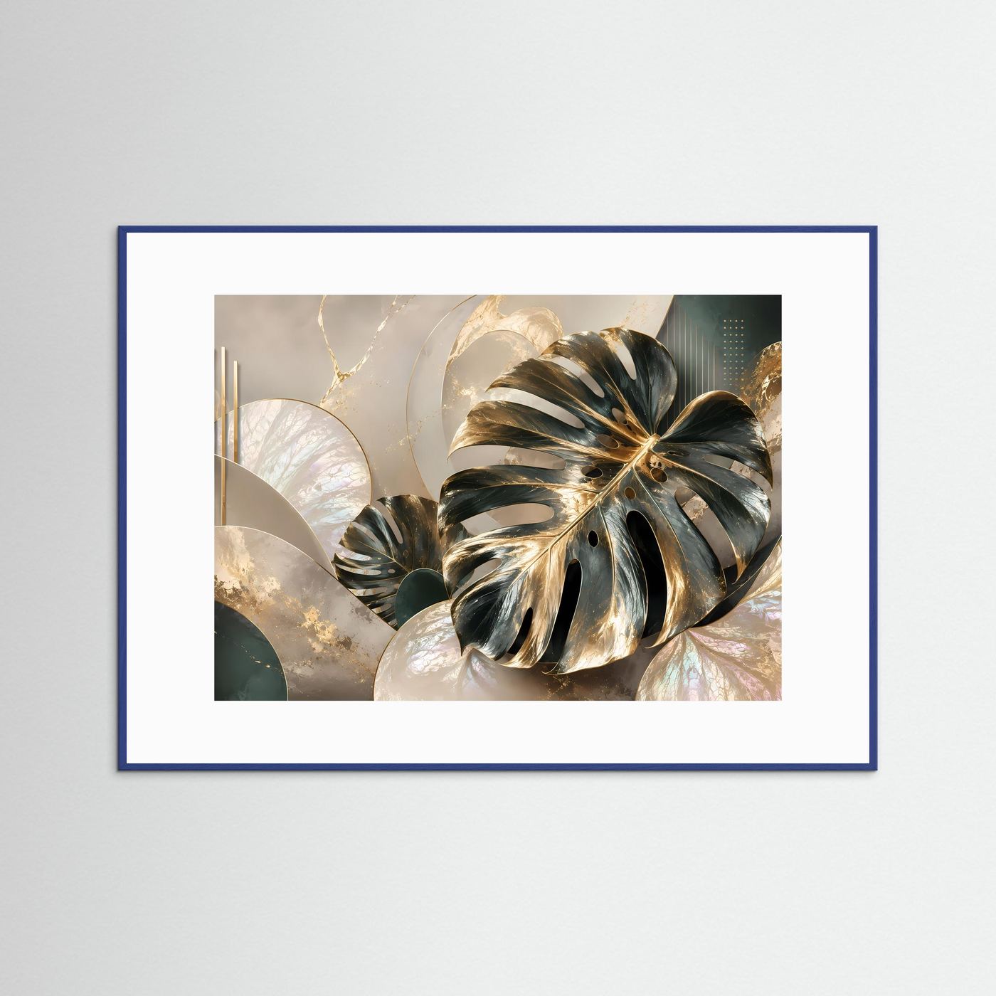 Poster mit goldenen Monstera-Blättern auf cremefarbenem Hintergrund, blauer Rahmen, Querformat