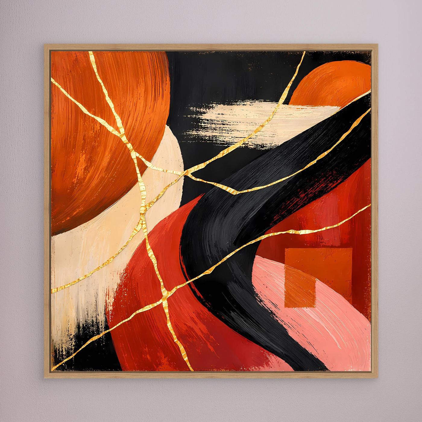 Abstraktes Leinwand-Wandbild mit Goldaderlinien, rot-schwarz-orange Wellen, holzfarbener Rahmen