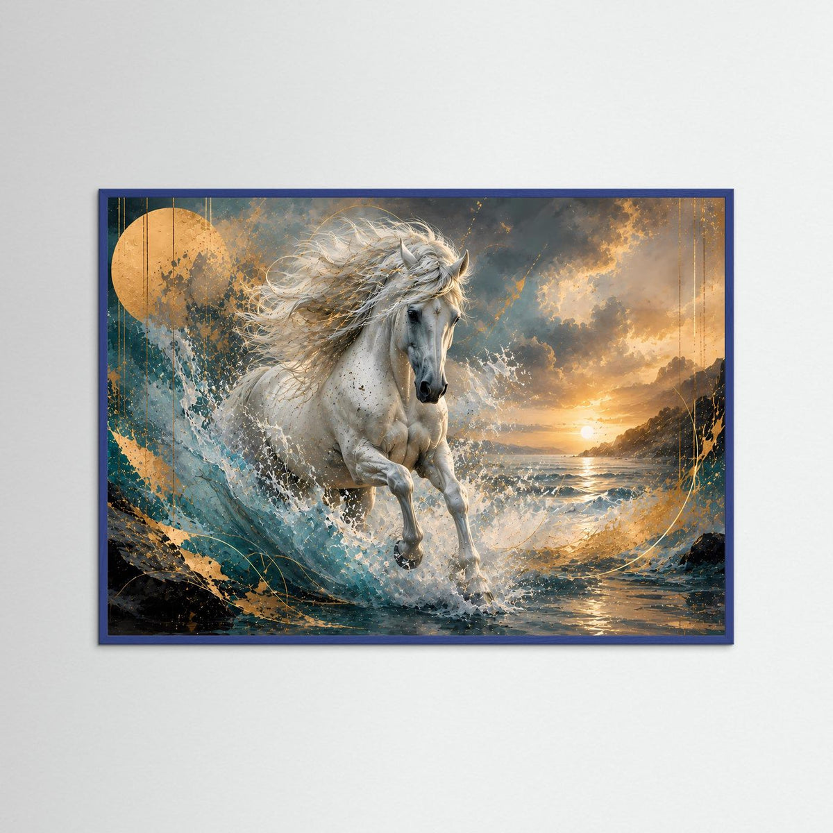 Querformat-Poster: weißes Pferd in Wellen, goldblauer Sonnenuntergang mit blauem Rahmen