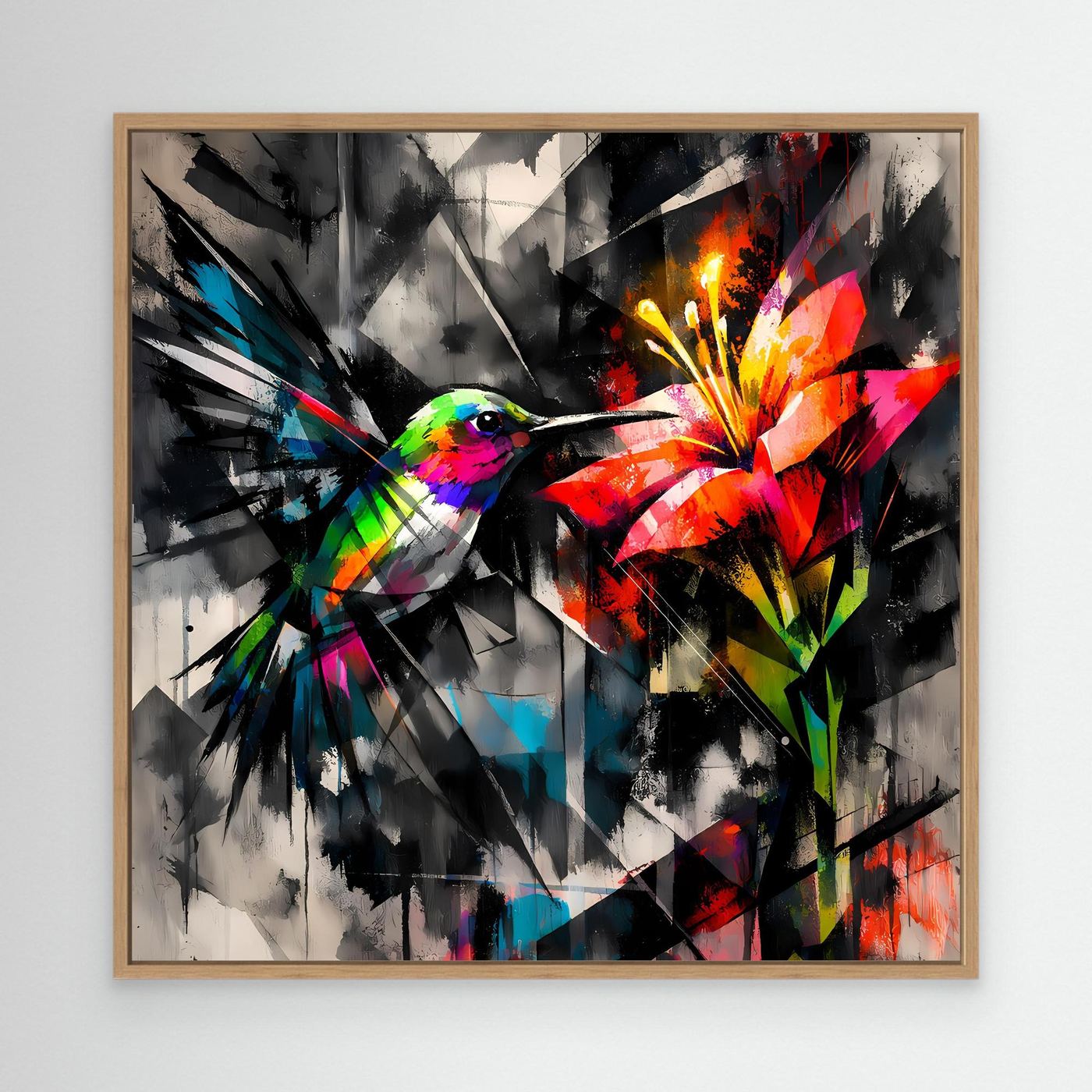 Leinwandbild Farbintensiver Kolibri | Abstraktes Geometrisches Wandbild auf Keilrahmen