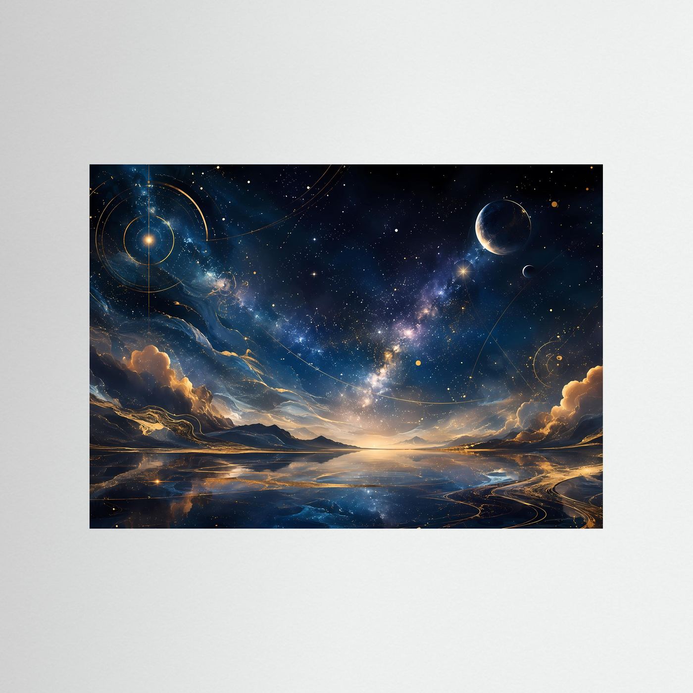 Querformatige Weltraum-Wandkunst: blau-goldener Sternenhimmel mit Planeten und Nebel, schwarzer Rahmen