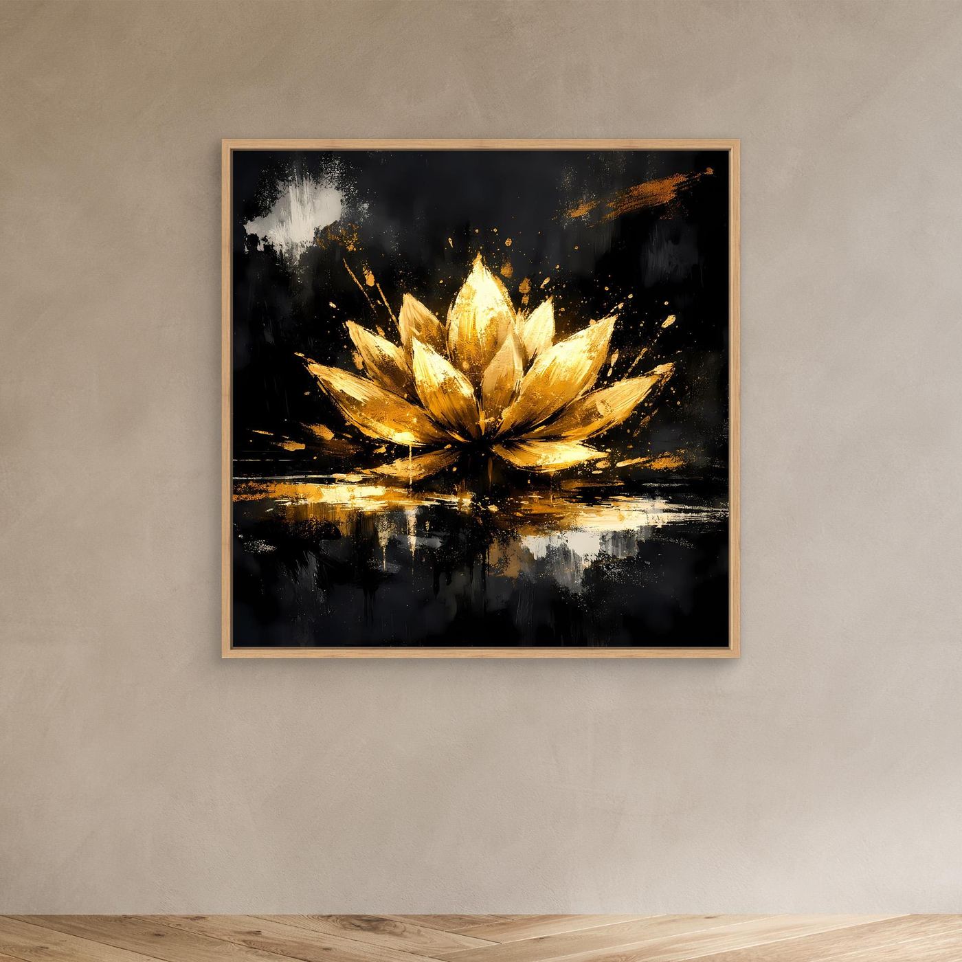 Leinwand Goldene Lotusblüte Abstrakt | Modernes Lotus Wandbild Schwarz Gold