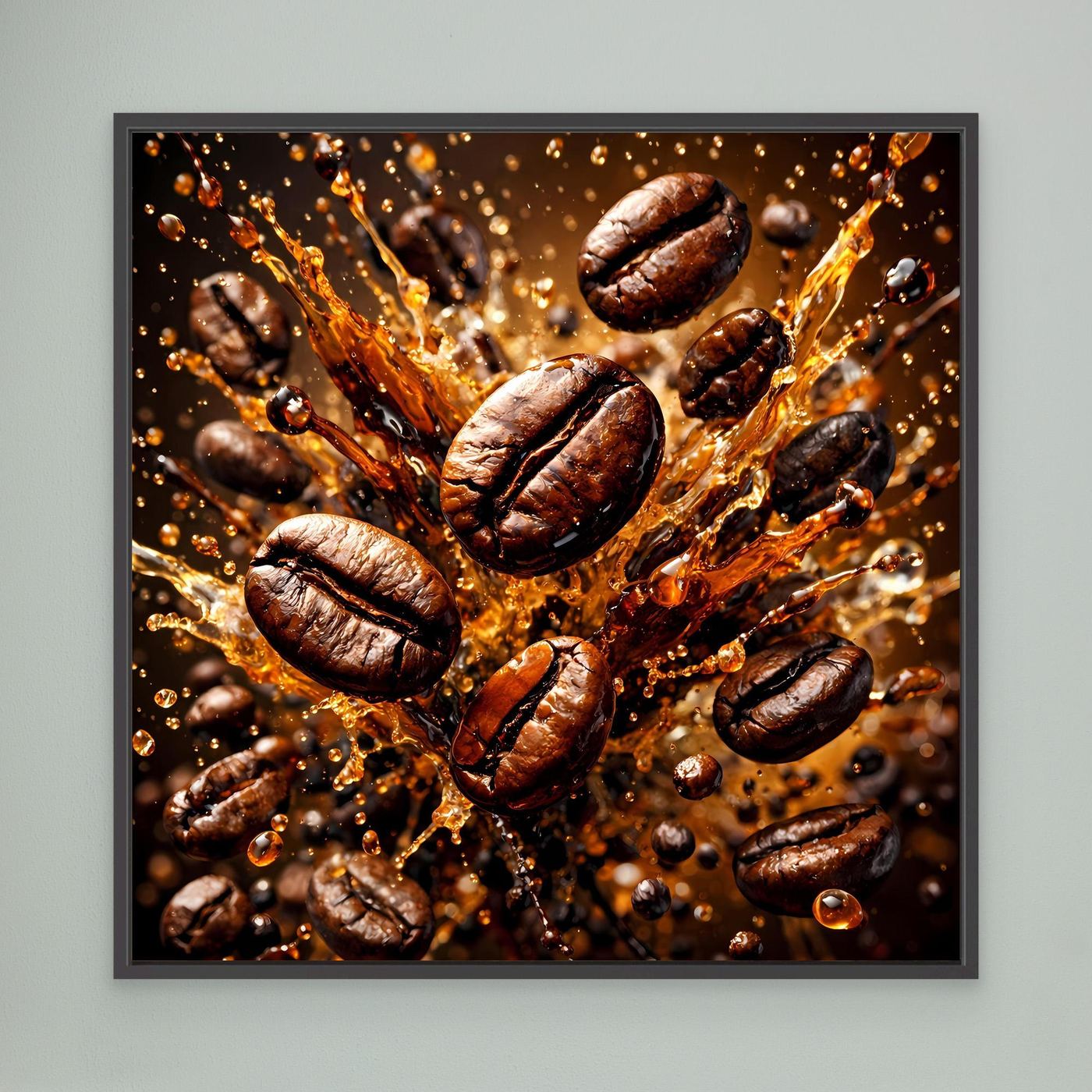 Leinwandbild mit Kaffeebohnen-Splash, braune geröstete Bohnen im Spritz-Design, schwarzer Rahmen