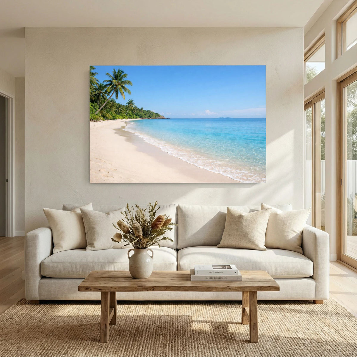 Strand-Wandbild mit tropischen Palmen, hellem Sand und türkisblauem Meer im Querformat
