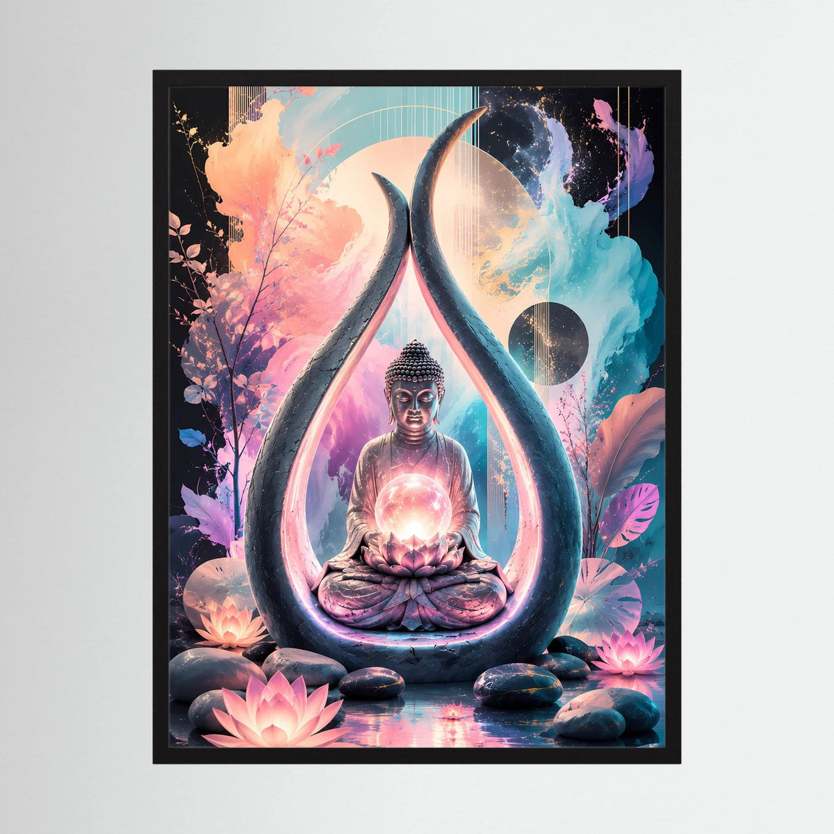 Hochformat-Poster: sitzender Buddha in Lotusblüte, Tropfenmotiv, farbige Blumen und Rauch